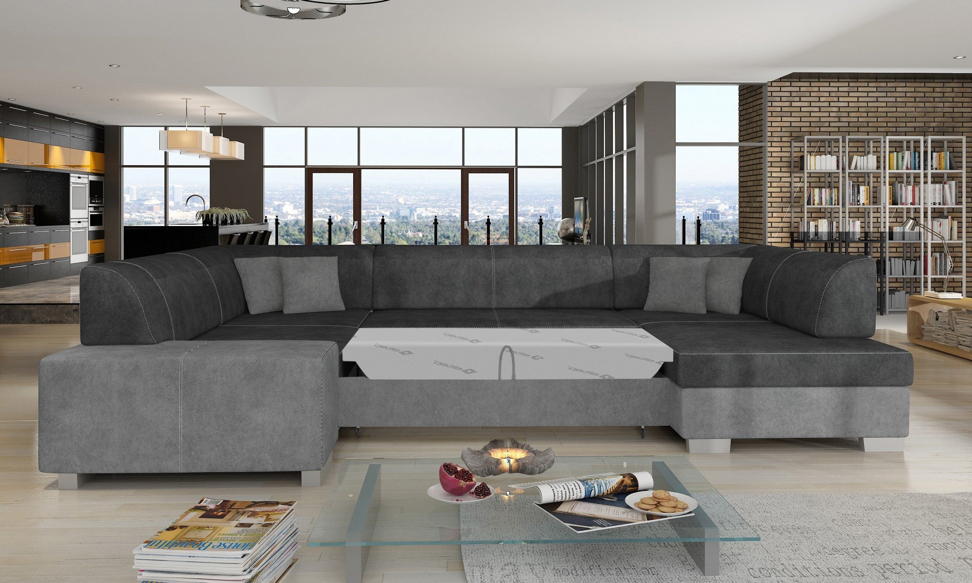 Narożnik Havana Dora 96 i Dora 90, modułowa sofa w odcieniach szarości prezentowana w nowoczesnej aranżacji salonu