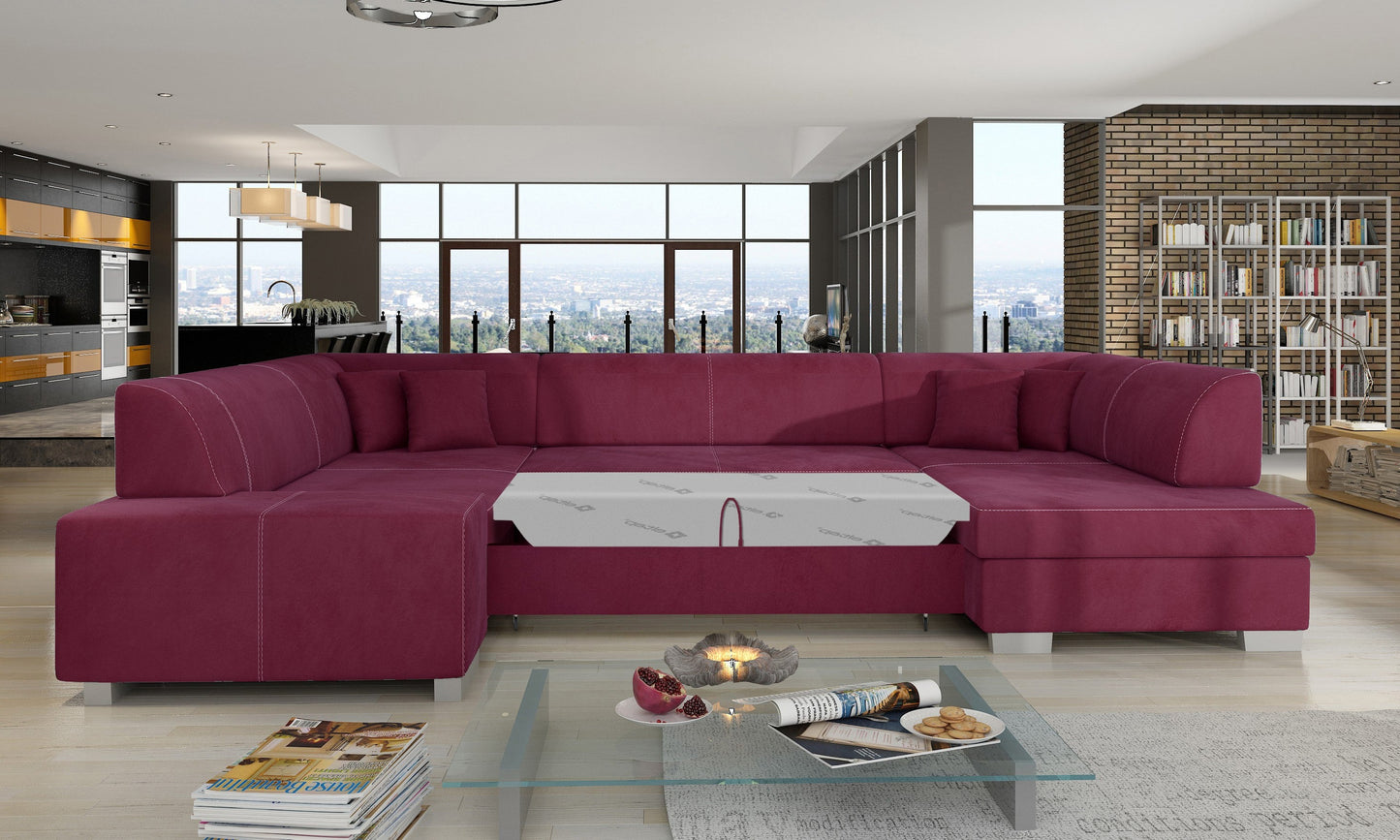 Narożnik Havana Matt Velvet 68 bordowy, modułowa sofa prezentowana w nowoczesnej aranżacji salonu