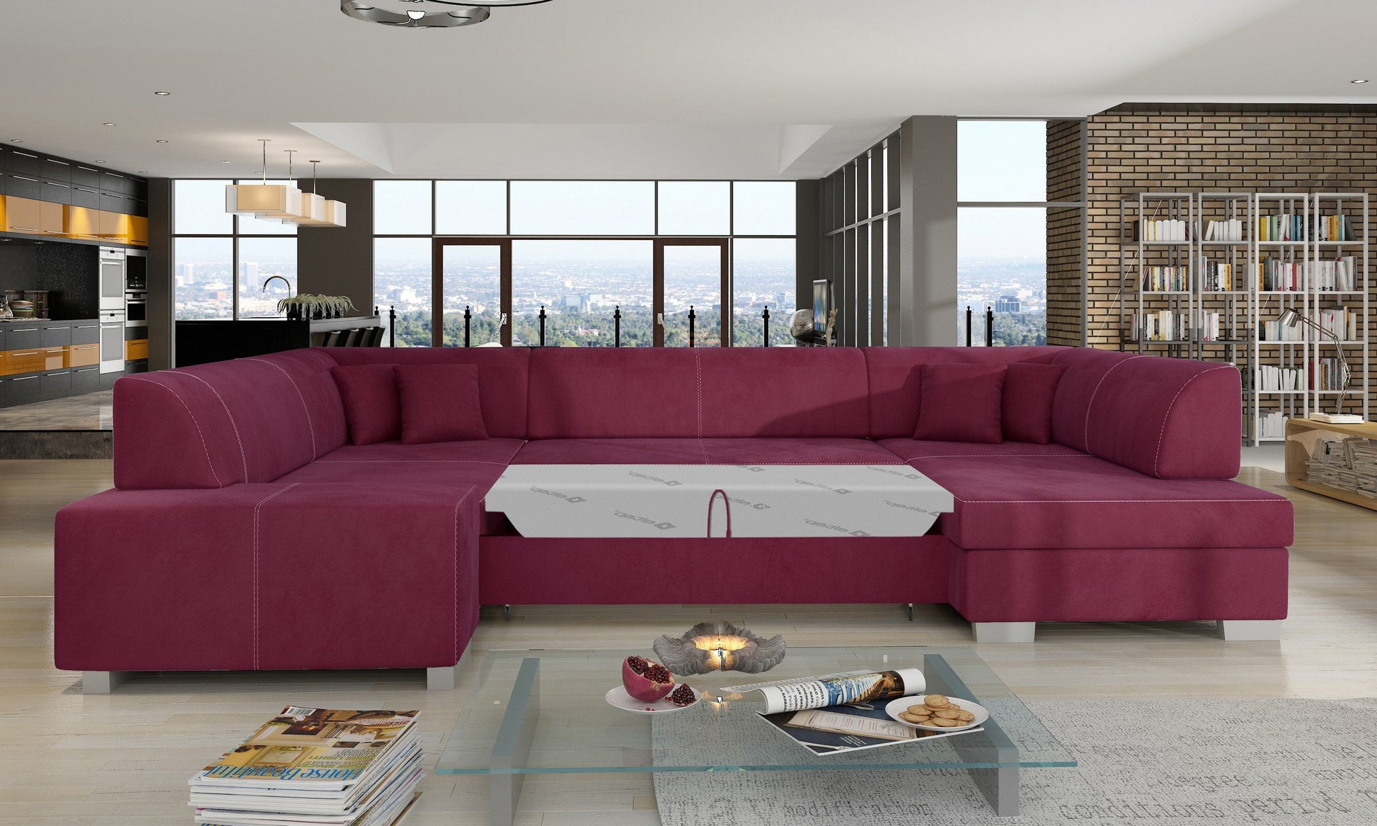 Narożnik Havana Matt Velvet 68 bordowy, modułowa sofa prezentowana w nowoczesnej aranżacji salonu