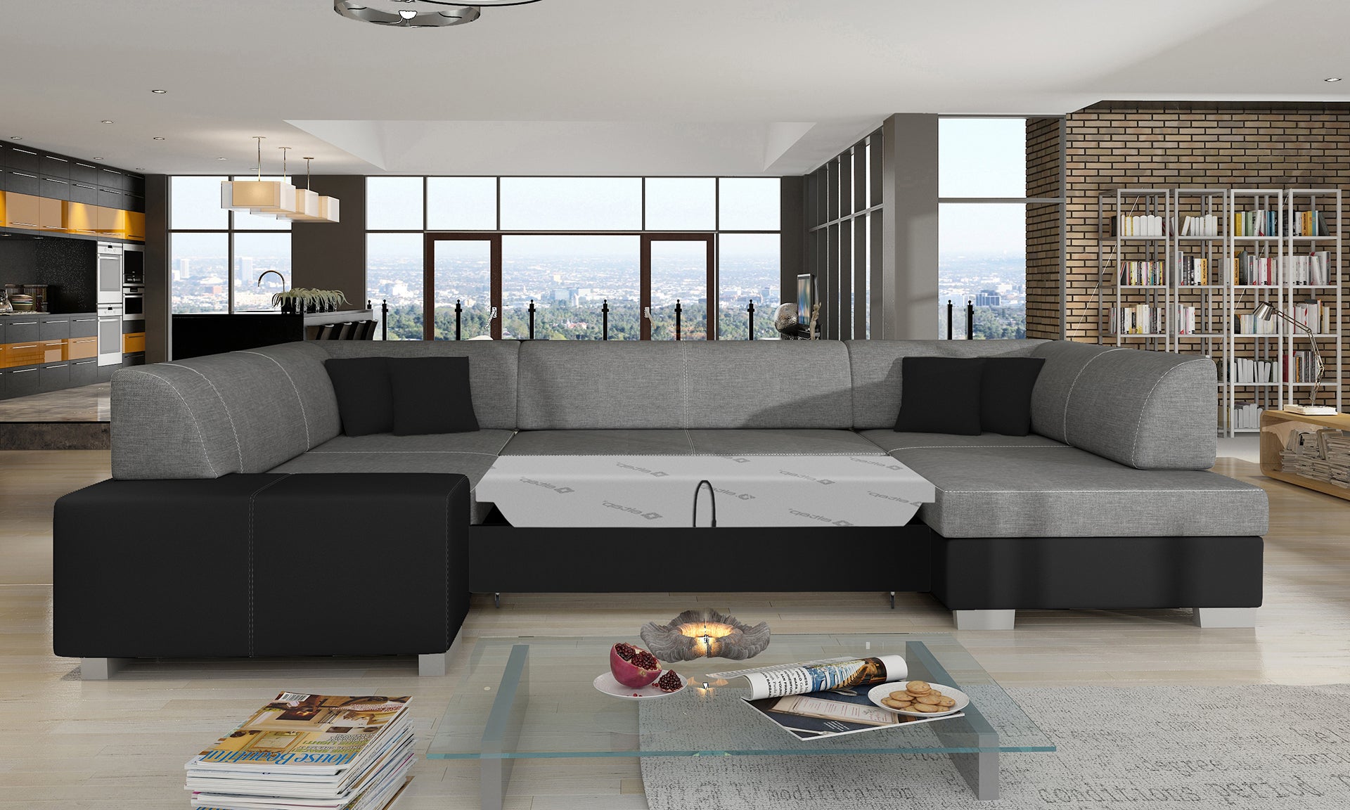 Narożnik Havana Sawana 05 z czarnymi wykończeniami Soft 11, modułowa sofa prezentowana w nowoczesnym salonie