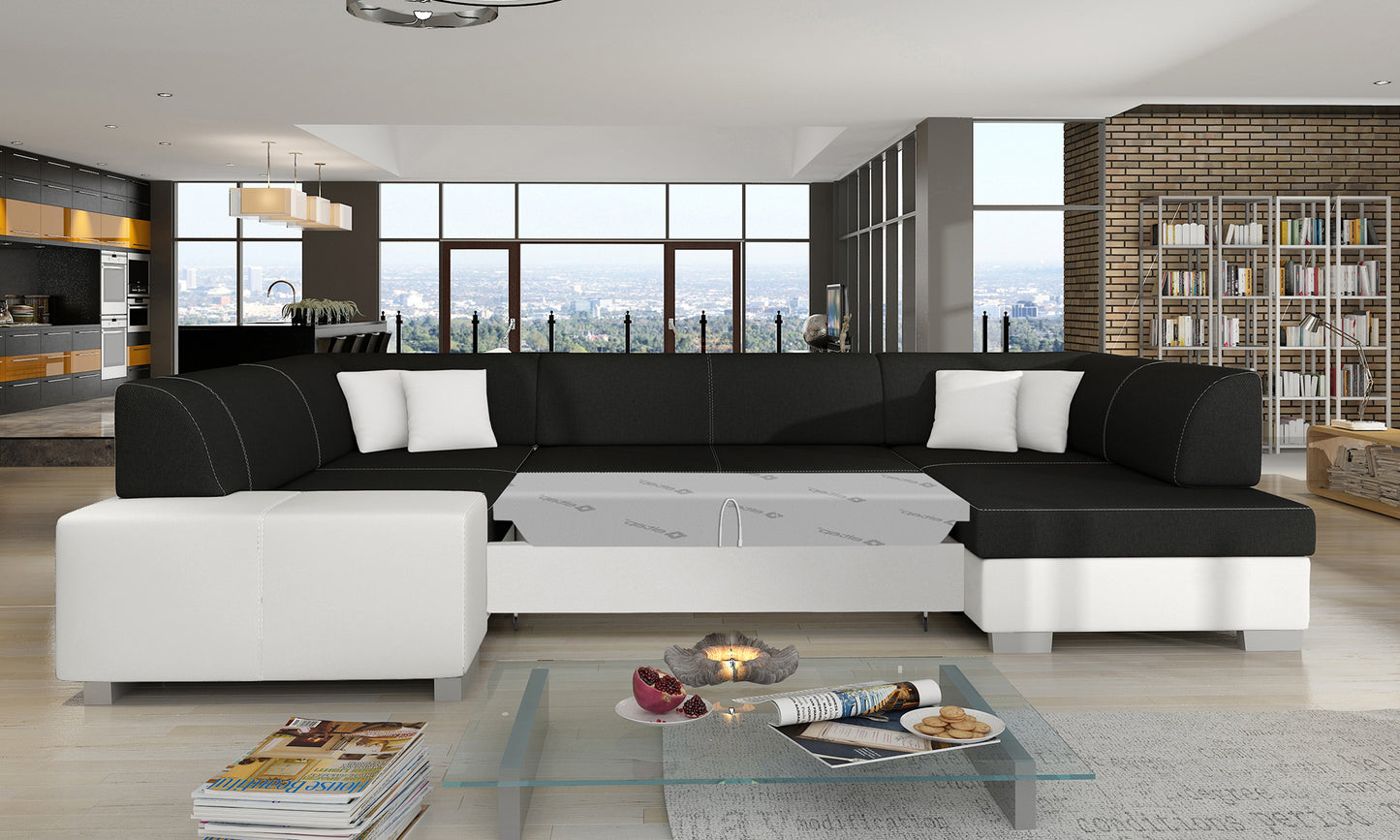 Narożnik Havana Sawana 14 czarny z białymi wykończeniami Soft 17, modułowa sofa prezentowana w nowoczesnym salonie