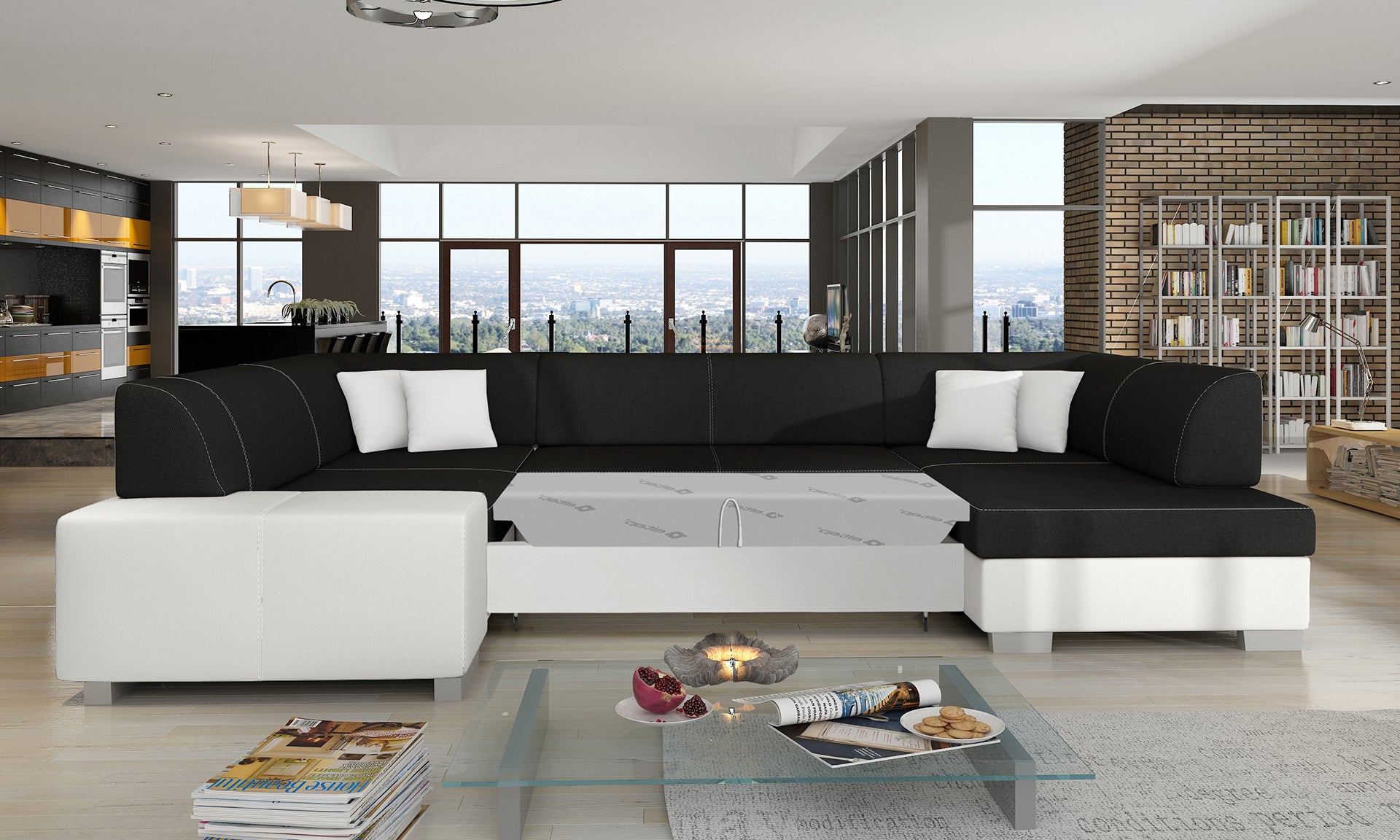 Narożnik Havana Sawana 14 czarny z białymi wykończeniami Soft 17, modułowa sofa prezentowana w nowoczesnym salonie