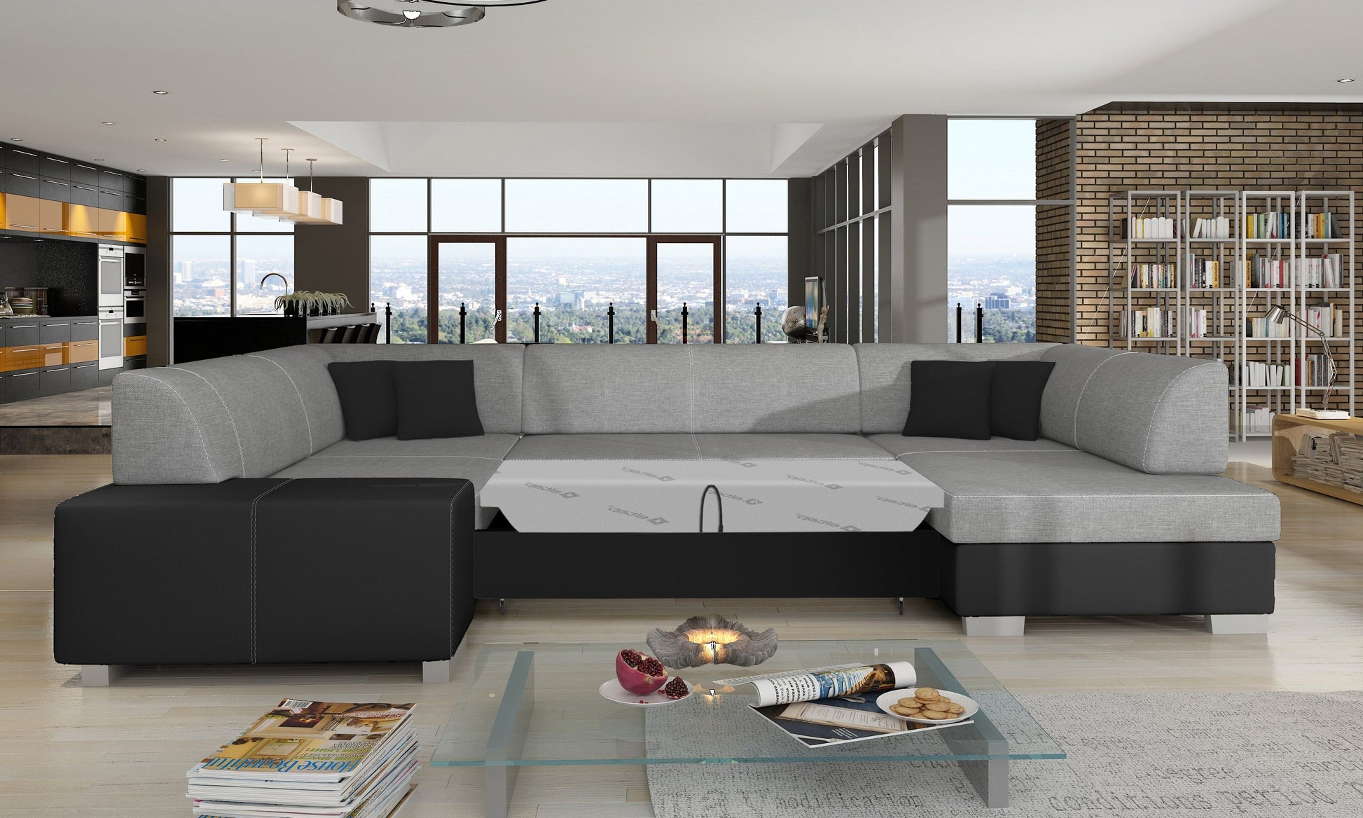 Narożnik Havana Sawana 21 szary z czarnymi wykończeniami Soft 11, modułowa sofa prezentowana w przestronnym salonie