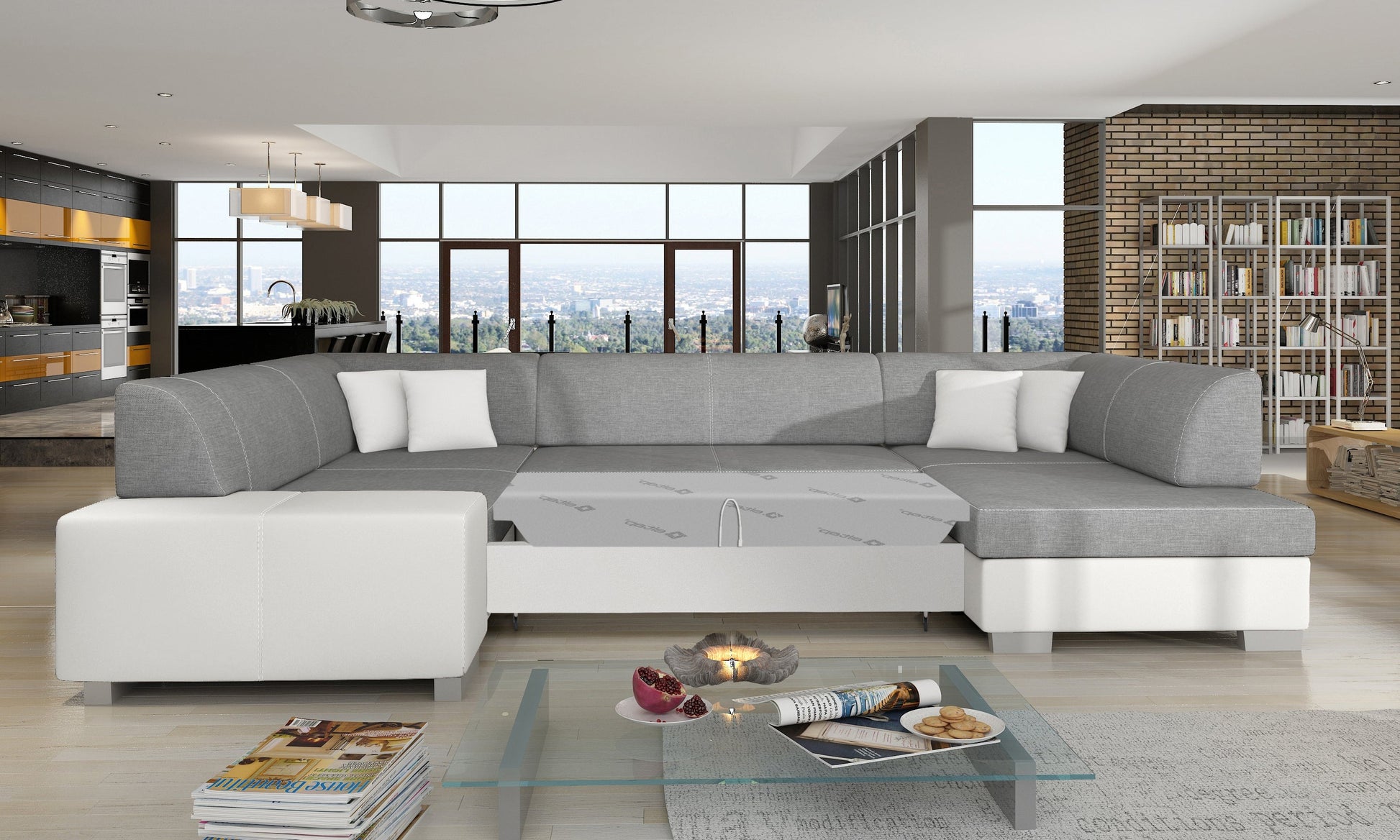 Narożnik Havana Sawana 21 z białymi wykończeniami Soft 17, modułowa sofa prezentowana w przestronnym salonie