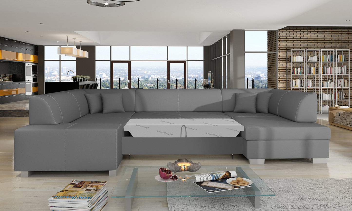 Narożnik Havana Soft 29 szary, modułowa sofa prezentowana w nowoczesnym, przestronnym salonie
