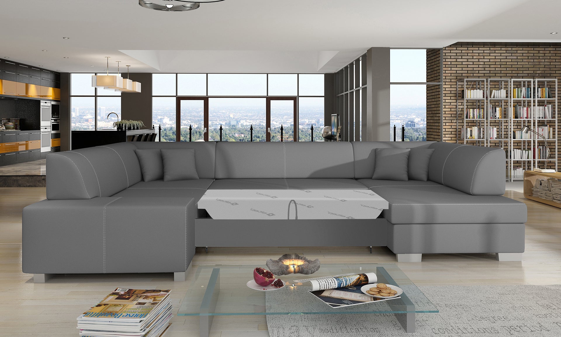 Narożnik Havana Soft 29 szary, modułowa sofa prezentowana w nowoczesnym, przestronnym salonie