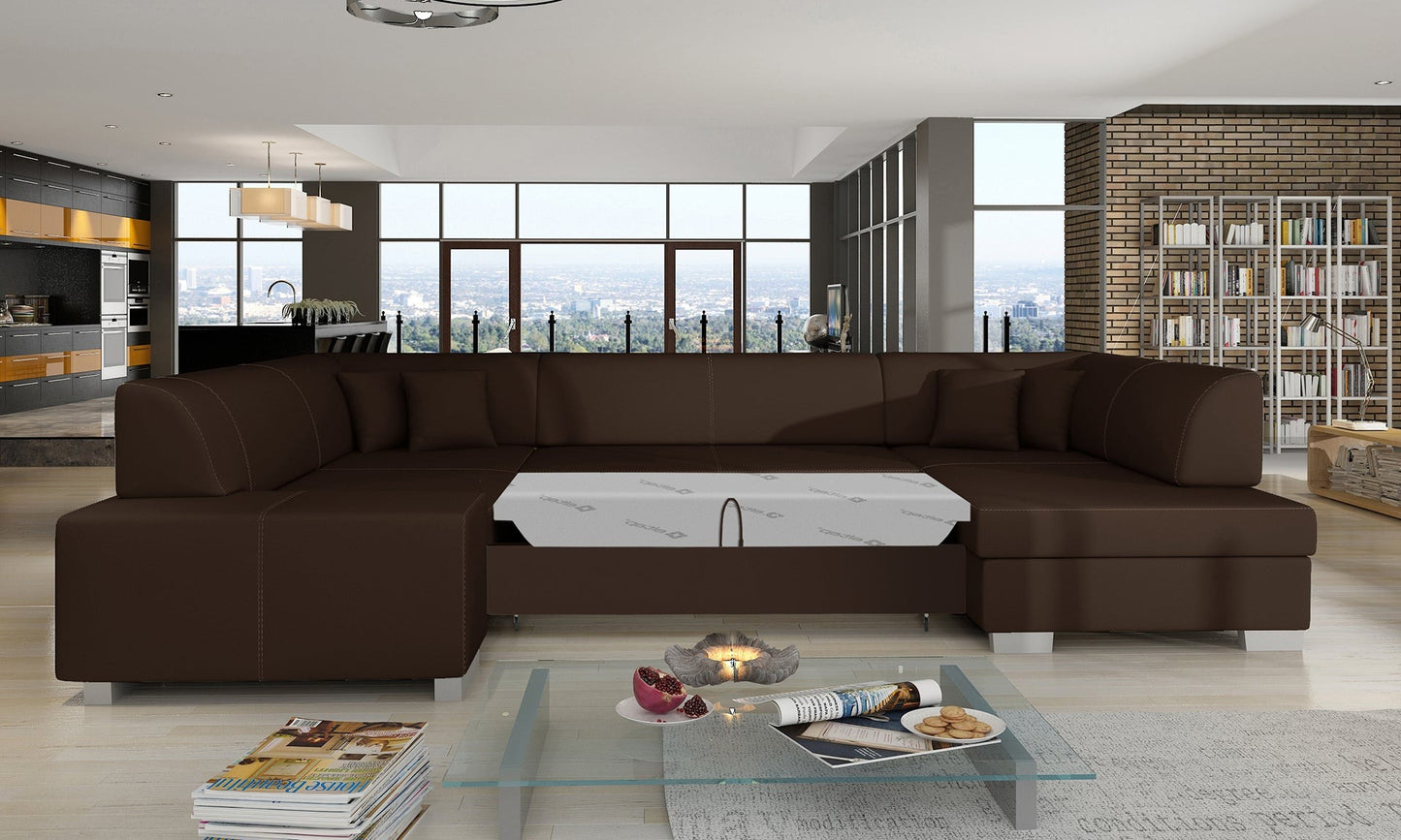 Narożnik Havana Soft 66 brązowy, modułowa sofa prezentowana w przestronnym, stylowym salonie