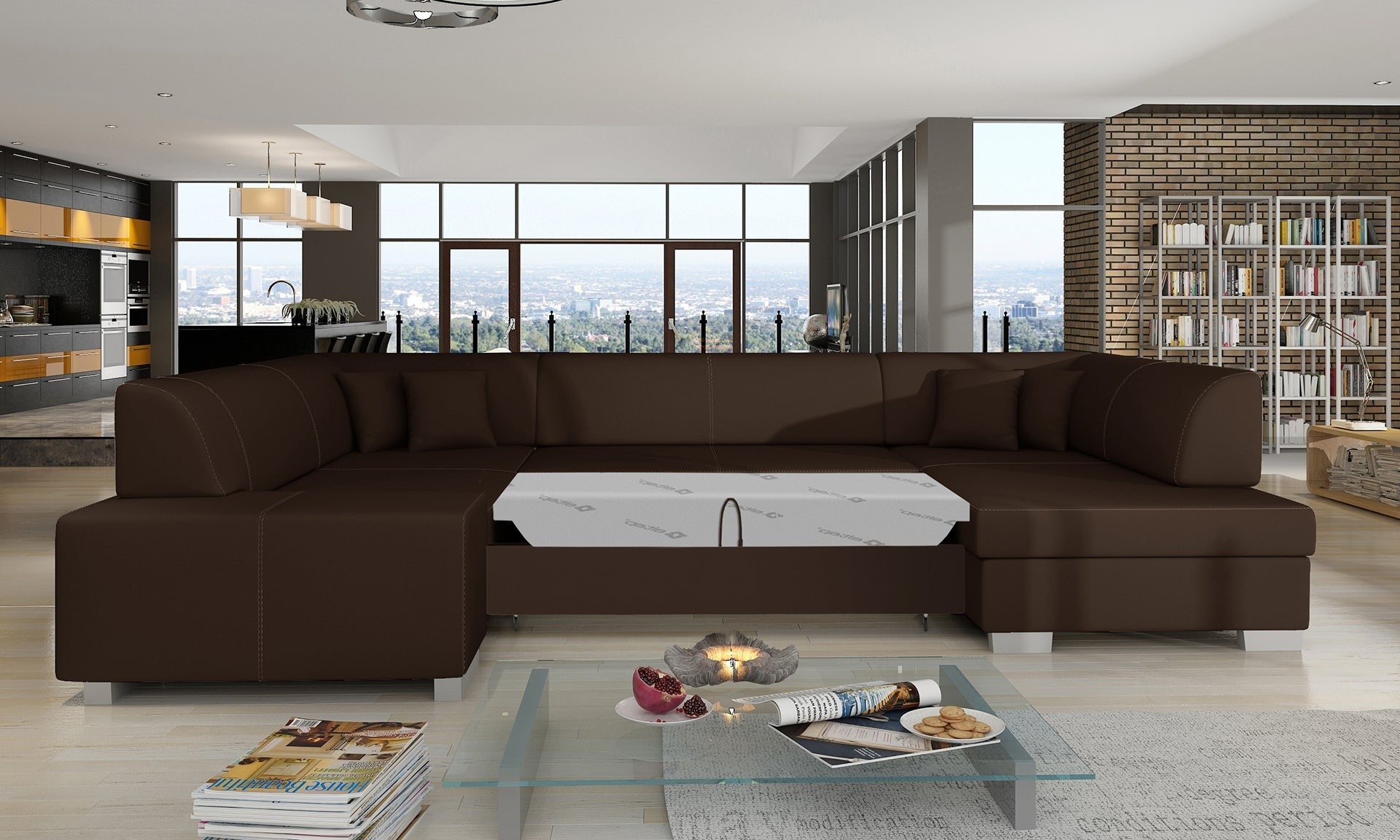 Narożnik Havana Soft 66 brązowy, modułowa sofa prezentowana w przestronnym, stylowym salonie