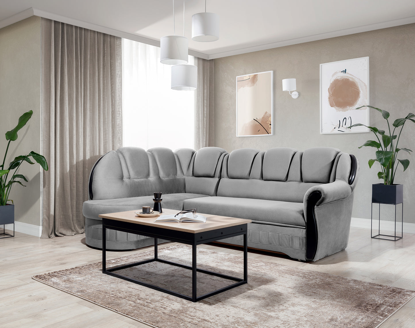 Narożnik Lord Monolith 84 jasnoszary przy stoliku kawowym w nowoczesnym salonie