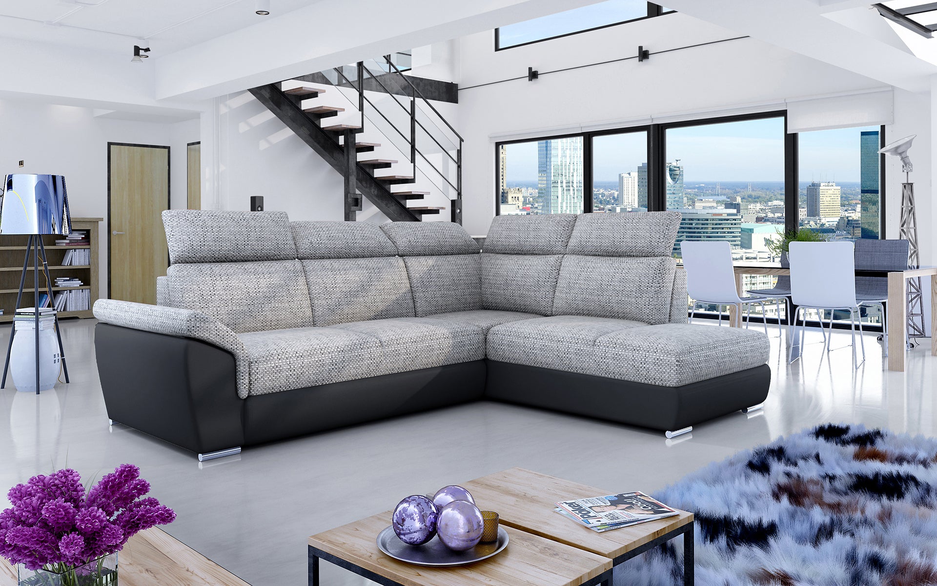 Narożnik Loreto w tkaninie Berlin 01 szary z czarną podstawą Soft 11 w nowoczesnej aranżacji salonu