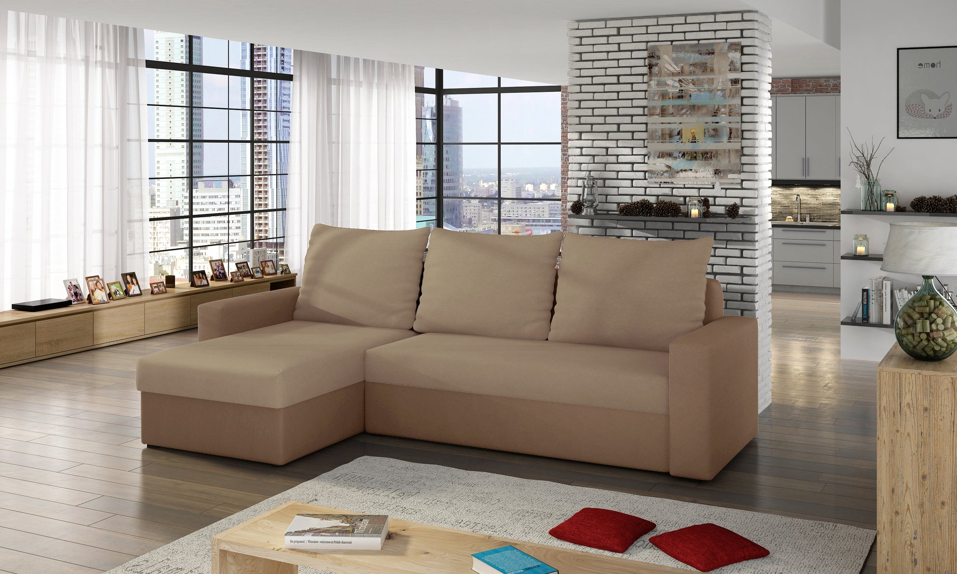 Beżowo-brązowy narożnik wykonany z tkanin Alova 07 i Alova 66 z miękkim siedziskiem i szerokimi podłokietnikami. Uniwersalny design oraz stonowane kolory tworzą komfortową przestrzeń do codziennego wypoczynku.