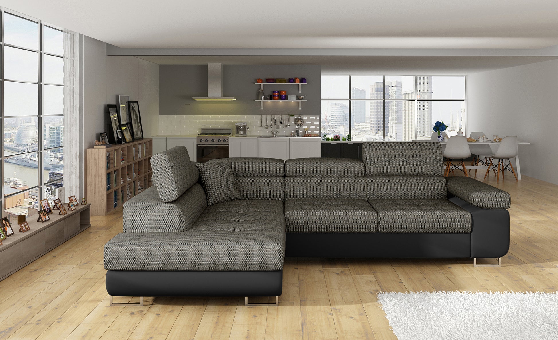 Narożnik Anton Berlin 01 szary / Soft 11 czarny – pełny widok w przestronnym salonie.