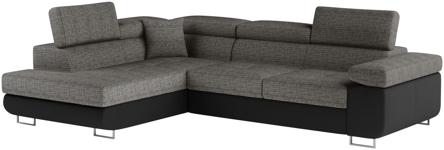 Narożnik Anton w kolorze Berlin 01 szary / Soft 11 czarny, układ lewy – widok z przodu pod kątem.