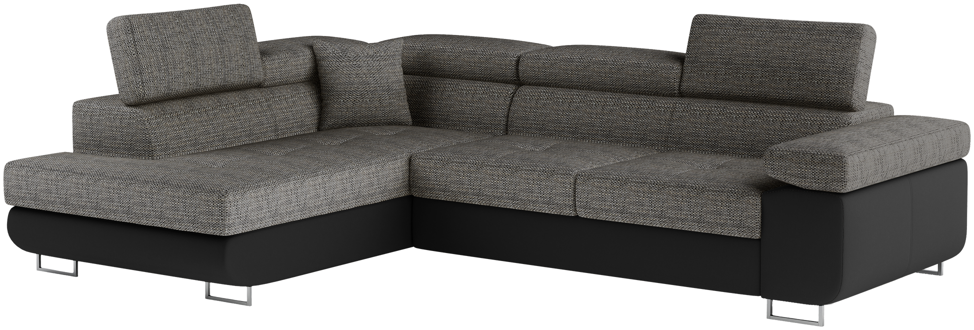 Narożnik Anton w kolorze Berlin 01 szary / Soft 11 czarny, układ lewy – widok z przodu pod kątem.