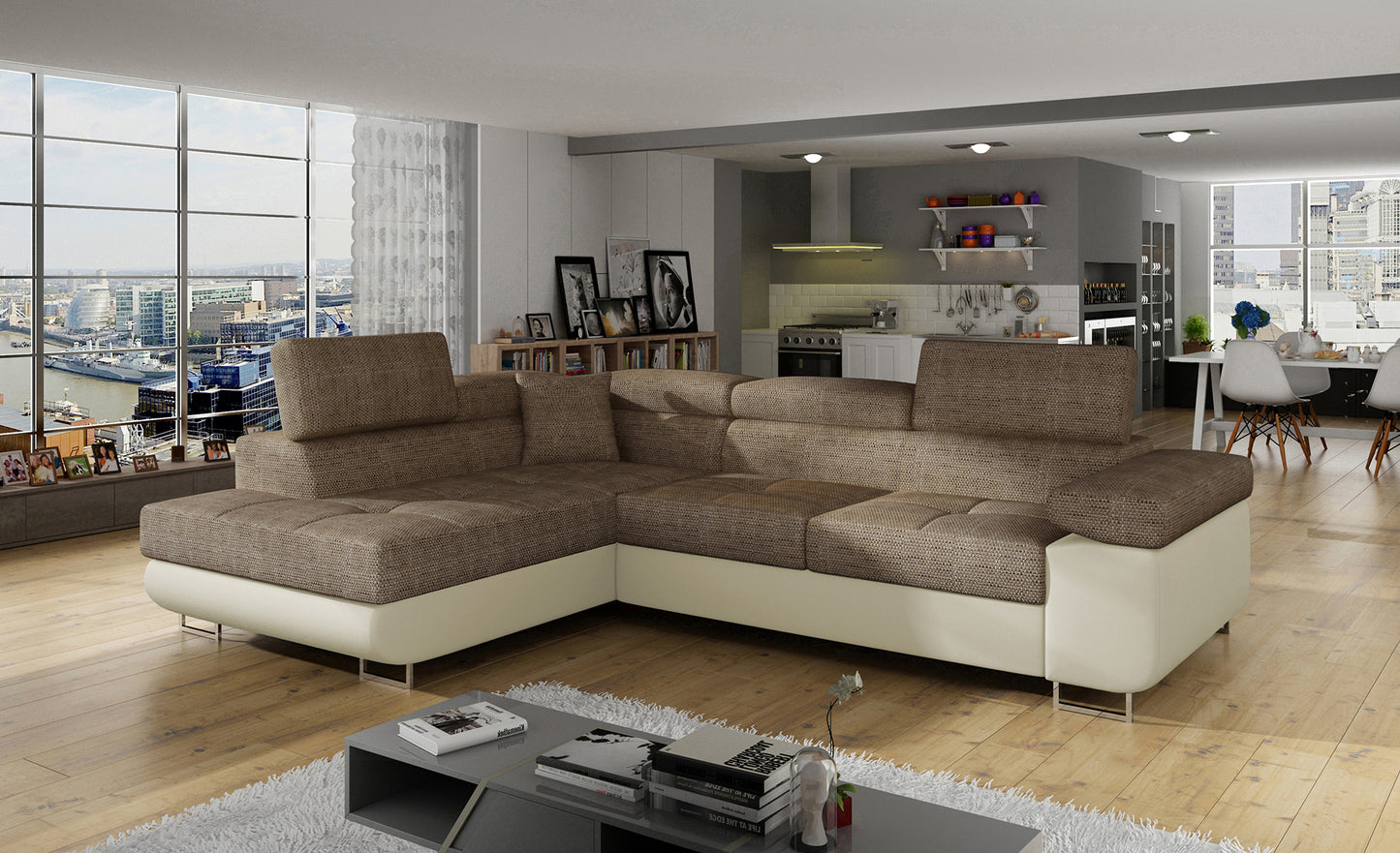 Narożnik Anton Berlin 03 ciemnobeżowy / Soft 33 beżowy w aranżacji nowoczesnego salonu.