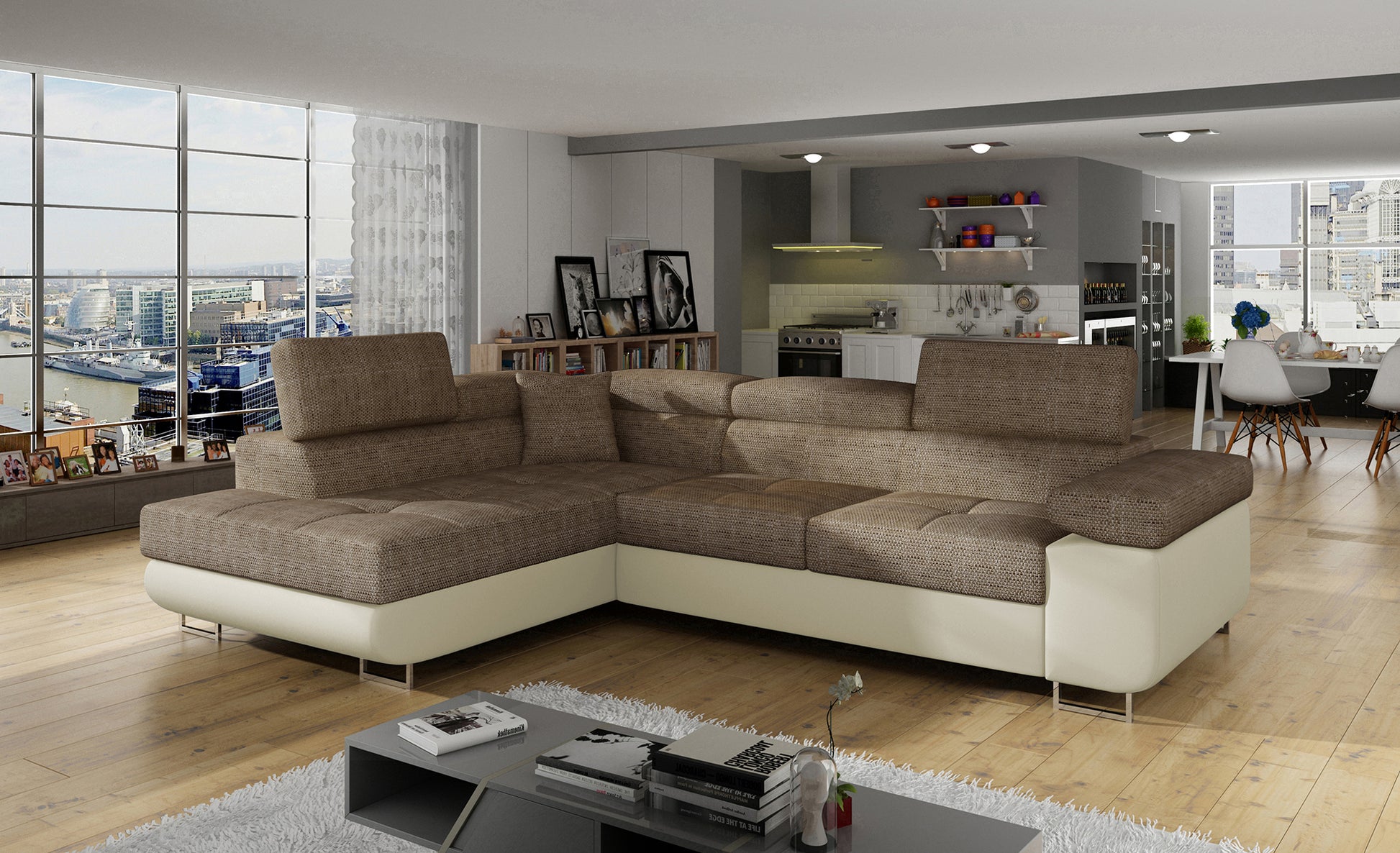 Narożnik Anton Berlin 03 ciemnobeżowy / Soft 33 beżowy w aranżacji nowoczesnego salonu.