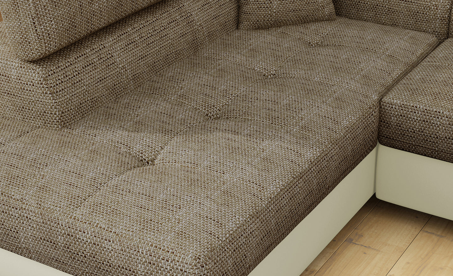 Zbliżenie na siedzisko narożnika Anton w kolorze Berlin 03 ciemnobeżowy / Soft 33 beżowy.