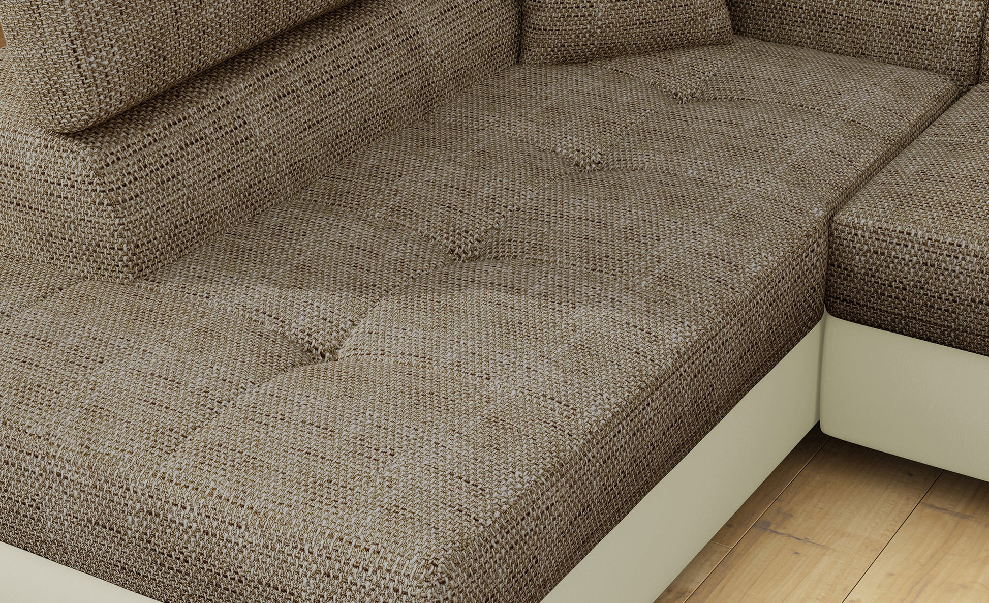 Zbliżenie na siedzisko narożnika Anton w kolorze Berlin 03 ciemnobeżowy / Soft 33 beżowy.