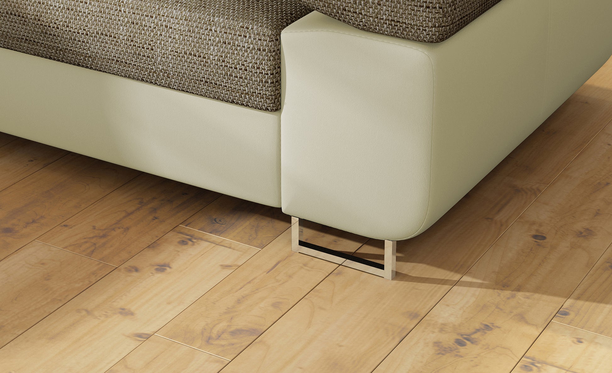 Detal metalowej nóżki narożnika Anton Berlin 03 ciemnobeżowy / Soft 33 beżowy.