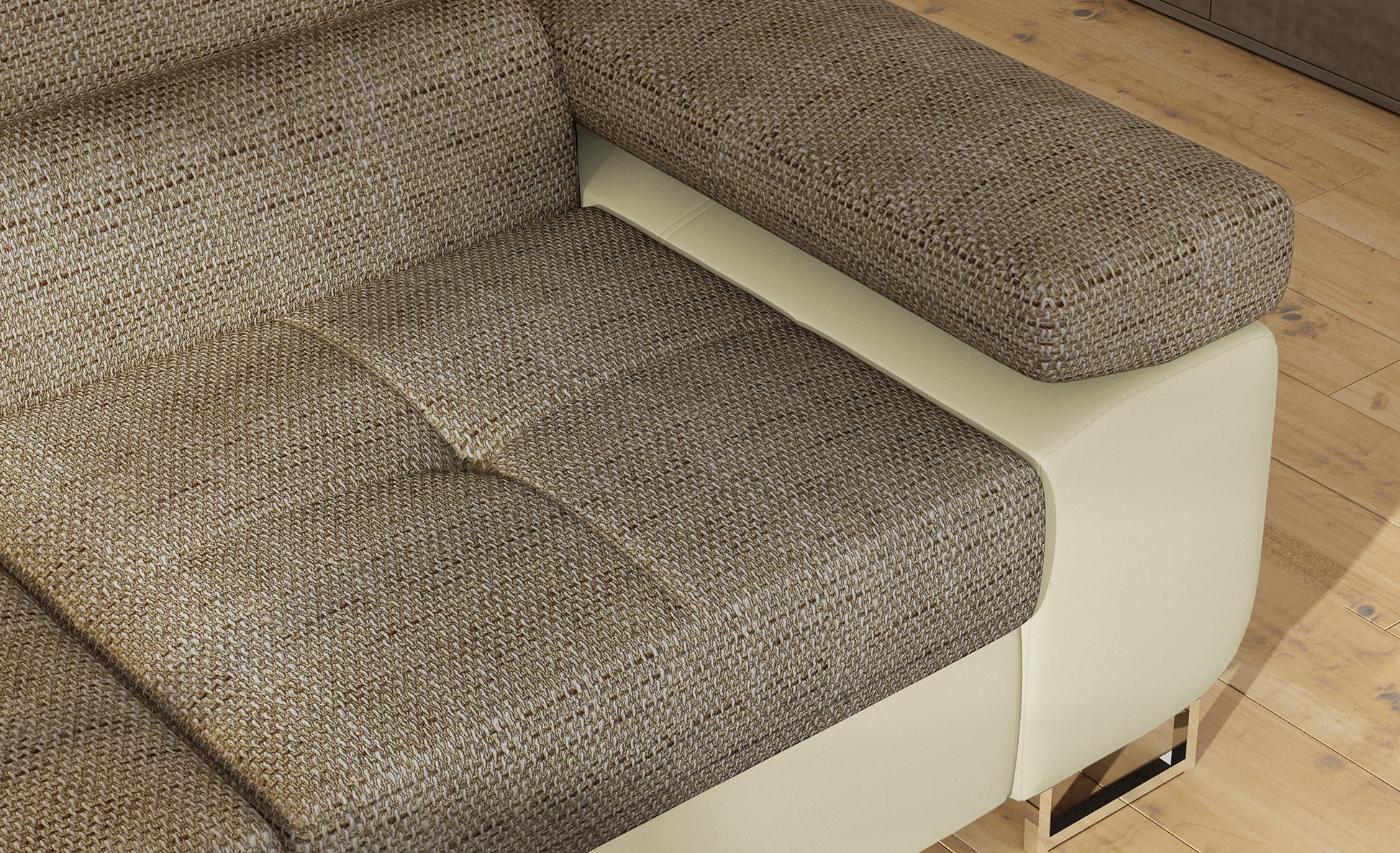 Podłokietnik narożnika Anton w kolorze Berlin 03 ciemnobeżowy / Soft 33 beżowy – widok z góry.