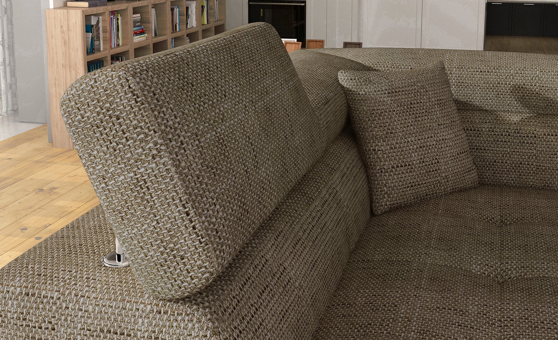 Zagłówek i poduszka narożnika Anton Berlin 03 ciemnobeżowy / Soft 33 beżowy – detal wykończenia.