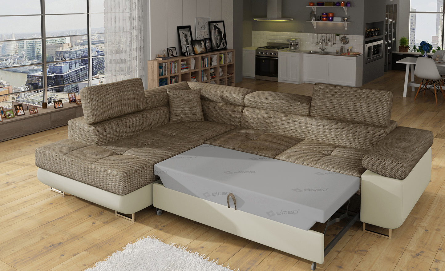 Narożnik Anton Berlin 03 ciemnobeżowy / Soft 33 beżowy rozłożony do funkcji spania – widok w salonie.