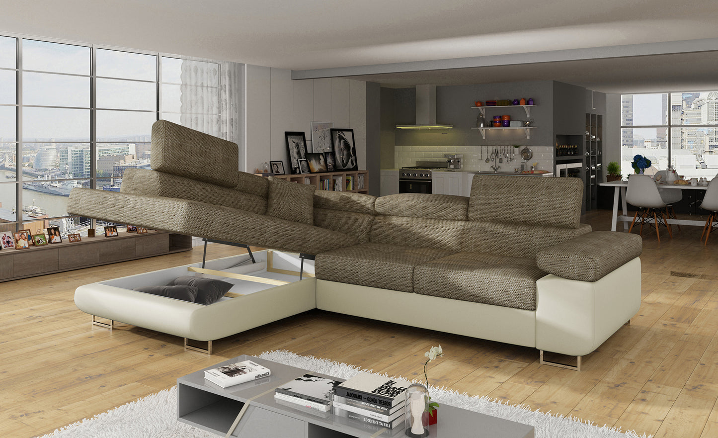 Narożnik Anton Berlin 03 ciemnobeżowy / Soft 33 beżowy z otwartym pojemnikiem na pościel.