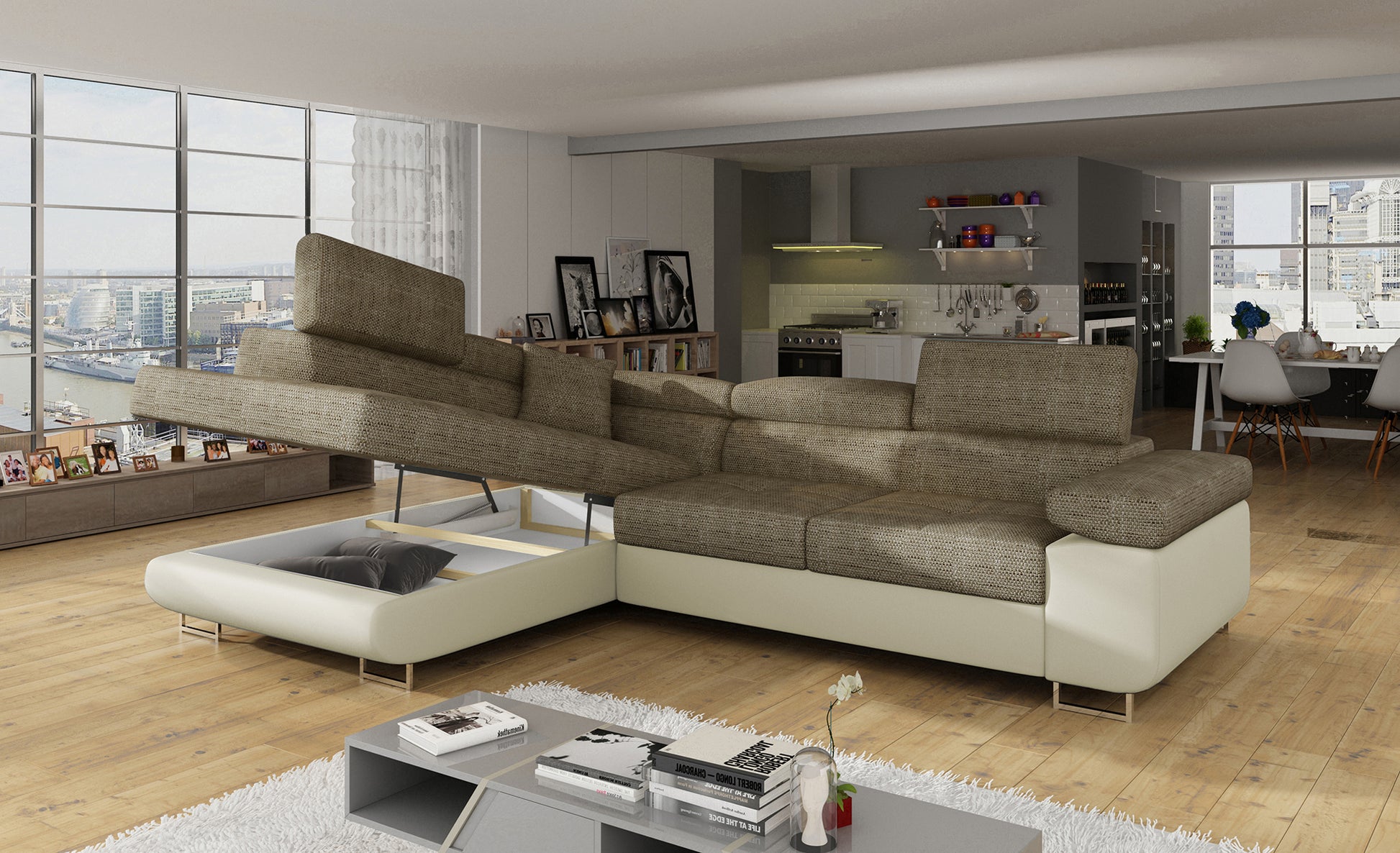 Narożnik Anton Berlin 03 ciemnobeżowy / Soft 33 beżowy z otwartym pojemnikiem na pościel.