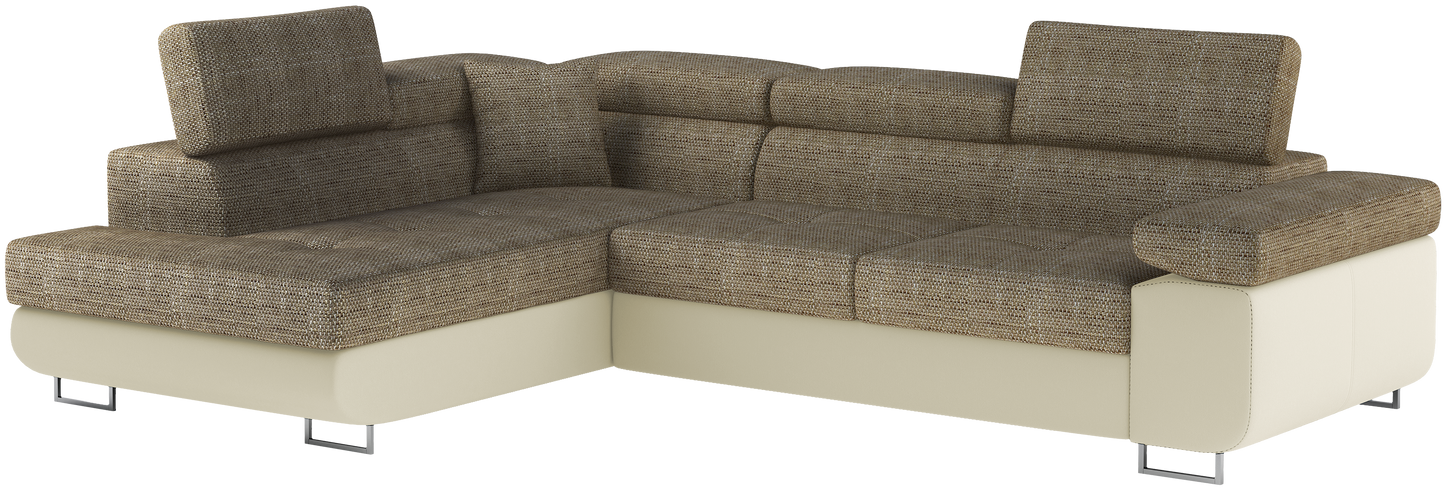 Narożnik Anton w kolorze Berlin 03 ciemnobeżowy / Soft 33 beżowy, układ lewy – widok z przodu pod kątem.