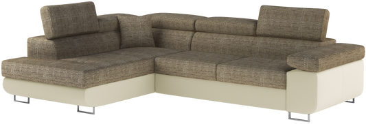 Narożnik Anton w kolorze Berlin 03 ciemnobeżowy / Soft 33 beżowy, układ lewy – widok z przodu pod kątem.