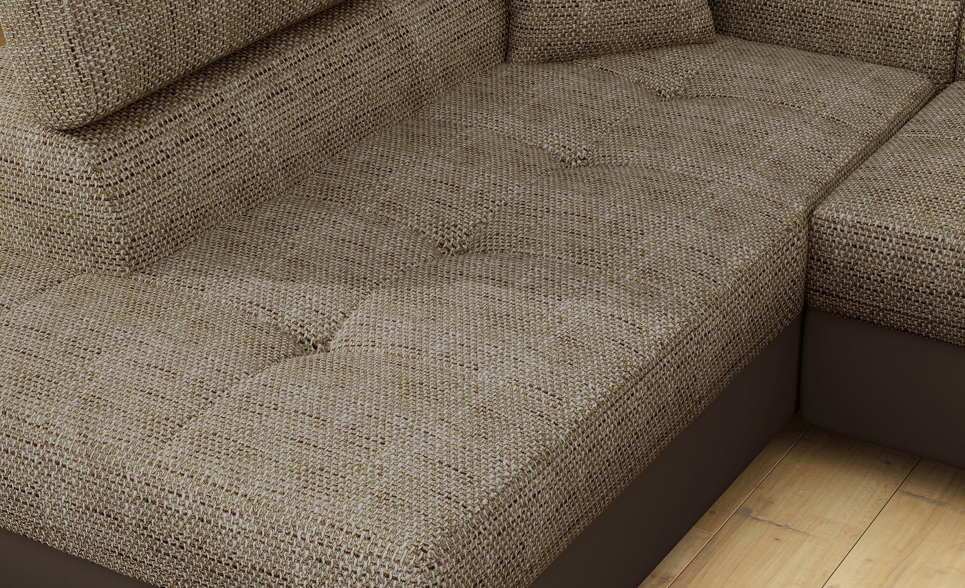 Zbliżenie na siedzisko narożnika Anton w kolorze Berlin 03 ciemnobeżowy / Soft 66 brązowy.