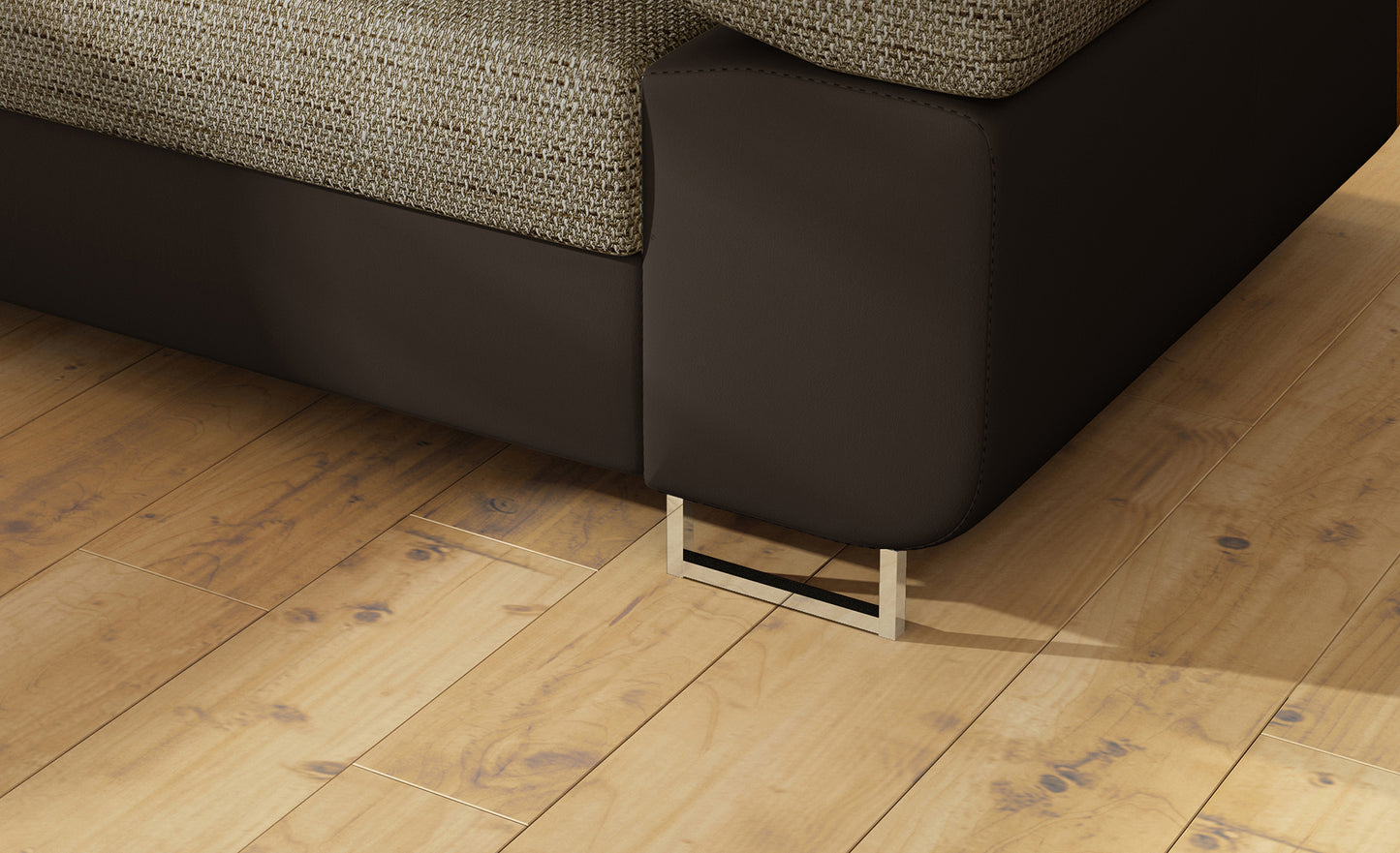 Detal metalowej nóżki narożnika Anton Berlin 03 ciemnobeżowy / Soft 66 brązowy.