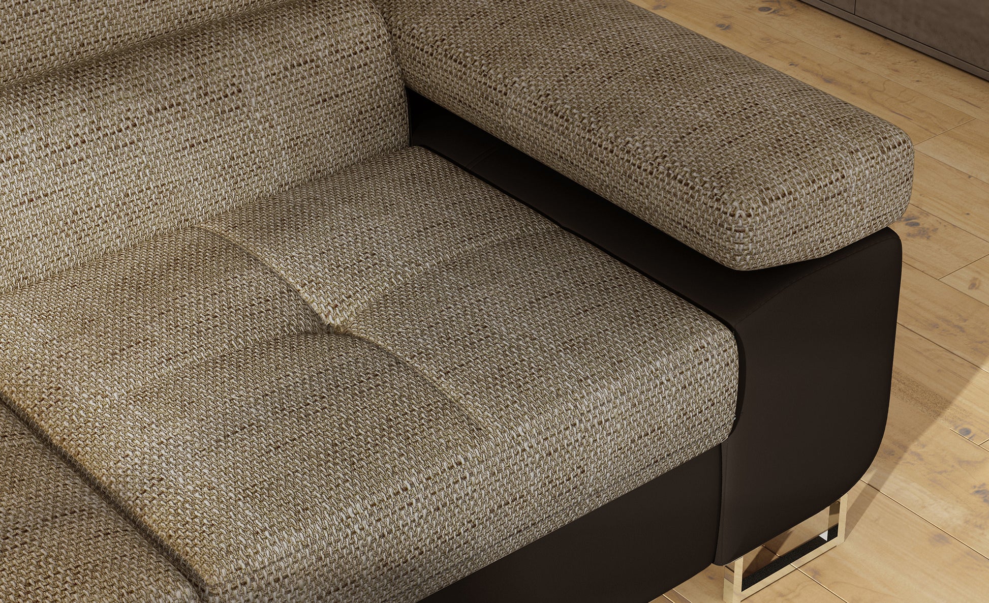 Podłokietnik narożnika Anton w kolorze Berlin 03 ciemnobeżowy / Soft 66 brązowy – widok z góry.