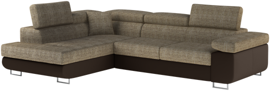 Narożnik Anton w kolorze Berlin 03 ciemnobeżowy / Soft 66 brązowy, układ lewy – widok z przodu pod kątem.