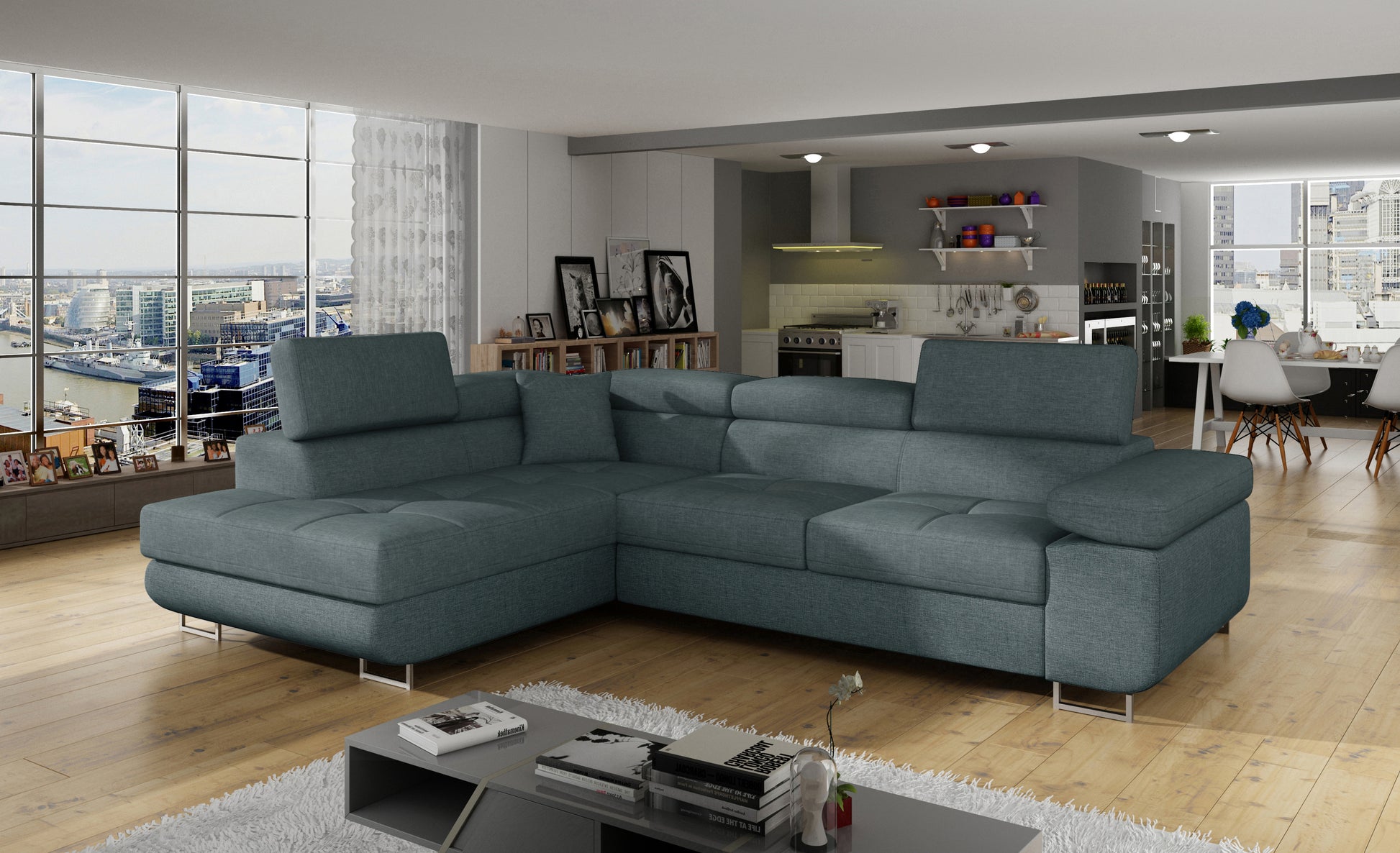 Narożnik Anton Cover 17 niebieski w aranżacji nowoczesnego salonu.