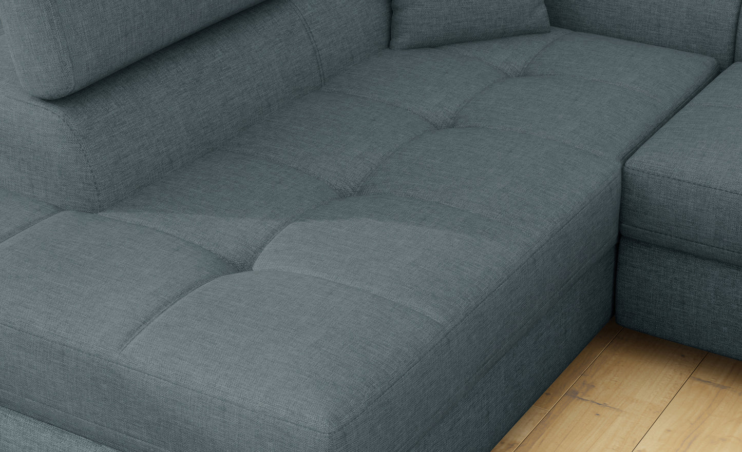 Zbliżenie na siedzisko narożnika Anton w kolorze Cover 17 niebieski.