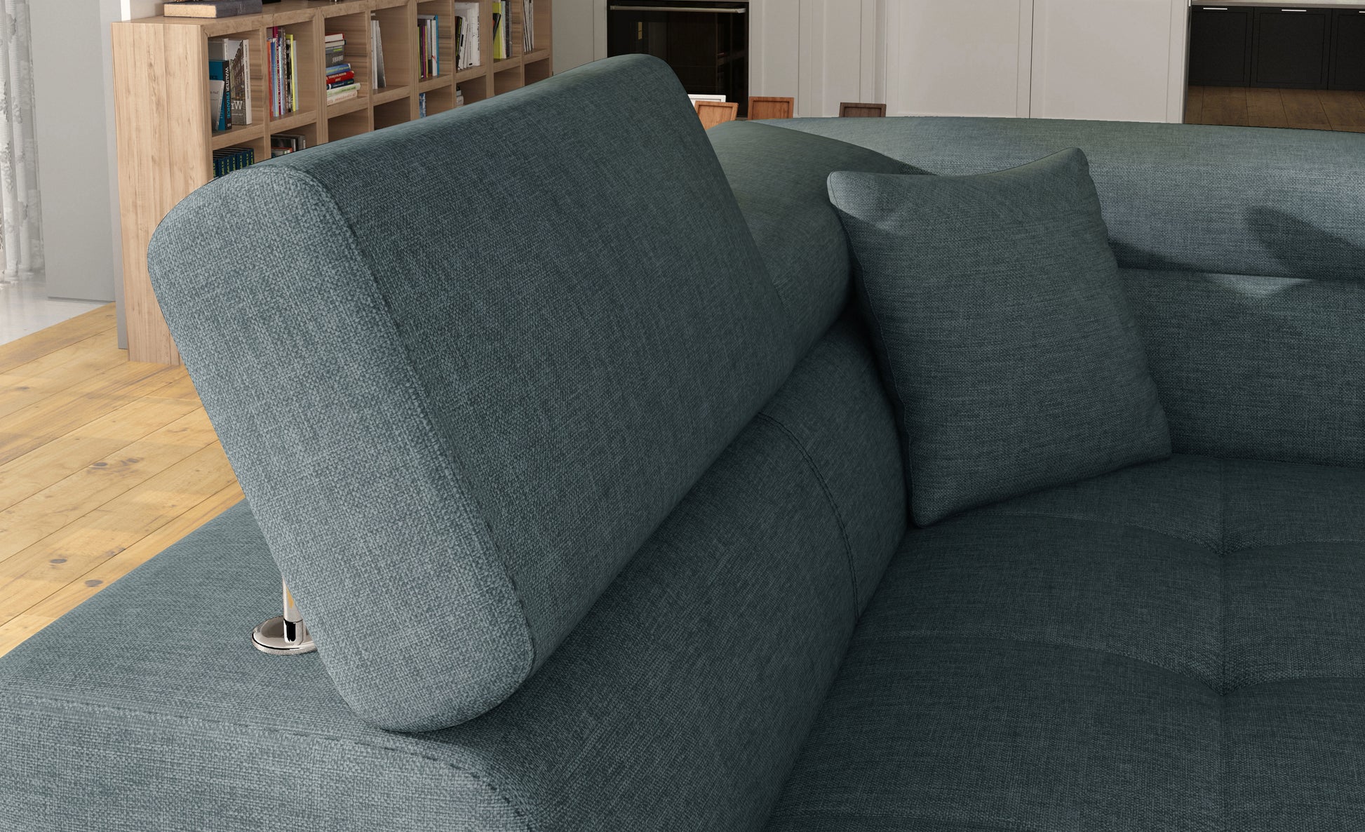 Zagłówek i poduszka narożnika Anton Cover 17 niebieski – detal wykończenia.