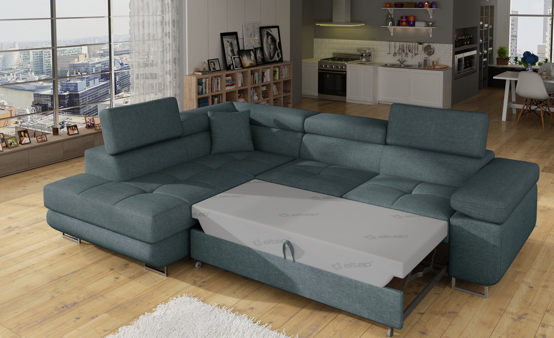 Narożnik Anton Cover 17 niebieski rozłożony do funkcji spania – widok w salonie.