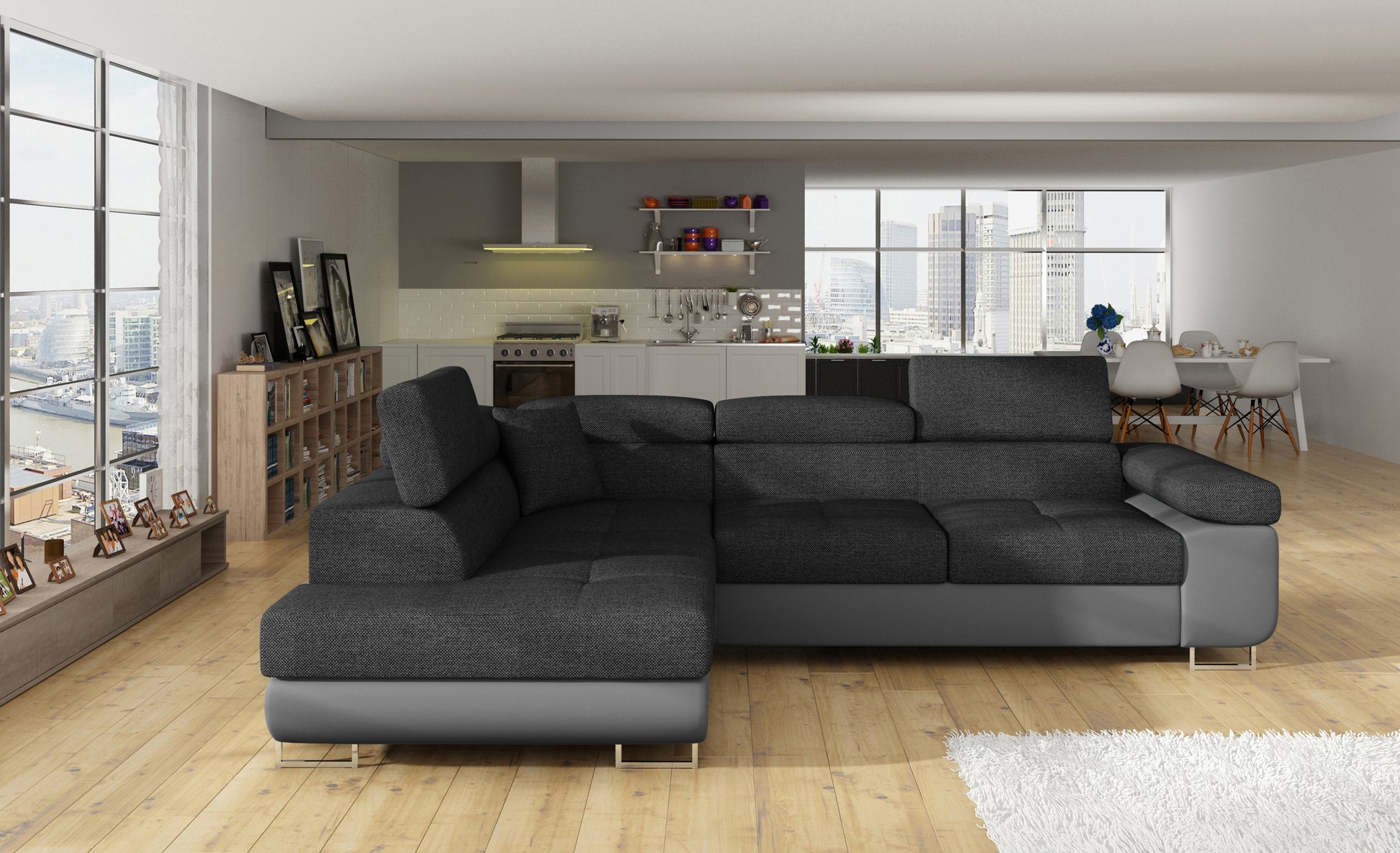 Narożnik Anton Inari 96 ciemnoszary / Soft 29 szary – pełny widok w przestronnym salonie.