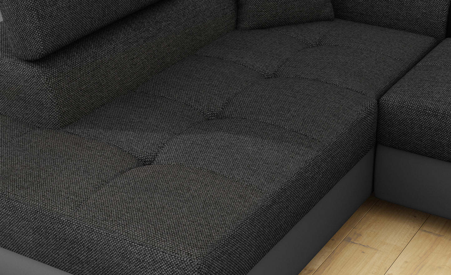 Zbliżenie na siedzisko narożnika Anton w kolorze Inari 96 ciemnoszary / Soft 29 szary.