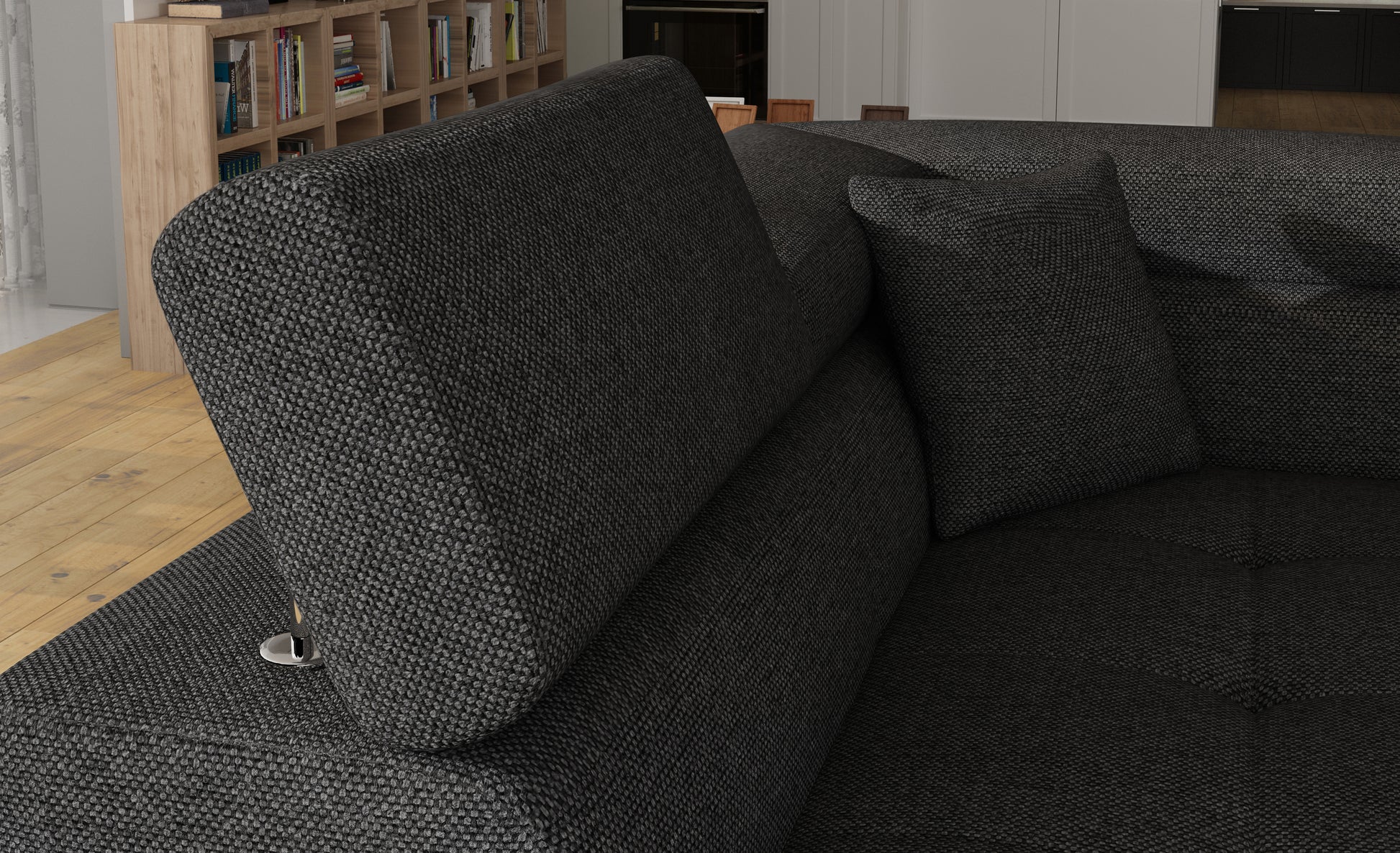 Zagłówek i poduszka narożnika Anton Inari 96 ciemnoszary / Soft 29 szary – detal wykończenia.