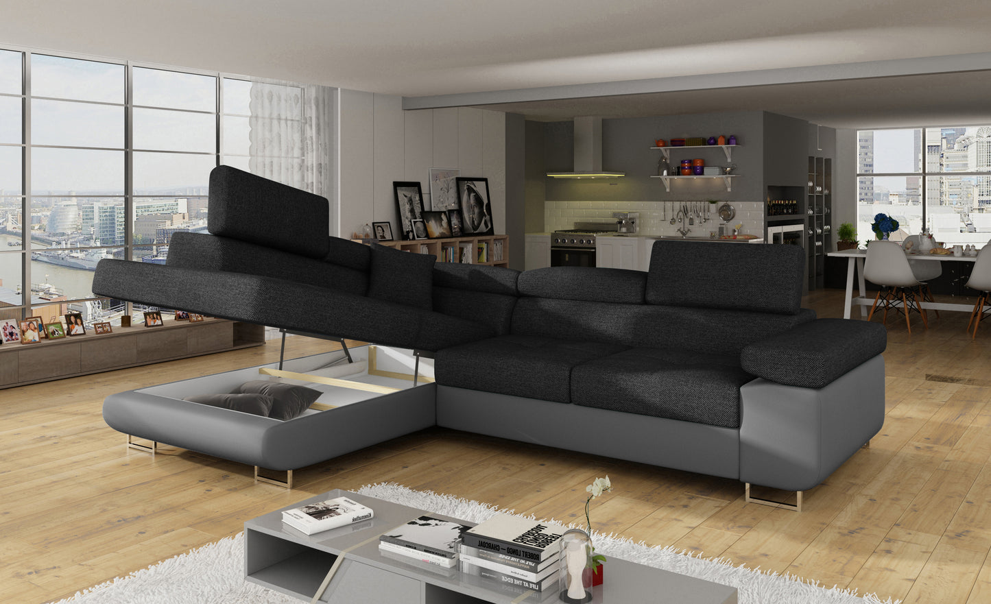 Narożnik Anton Inari 96 ciemnoszary / Soft 29 szary z otwartym pojemnikiem na pościel.