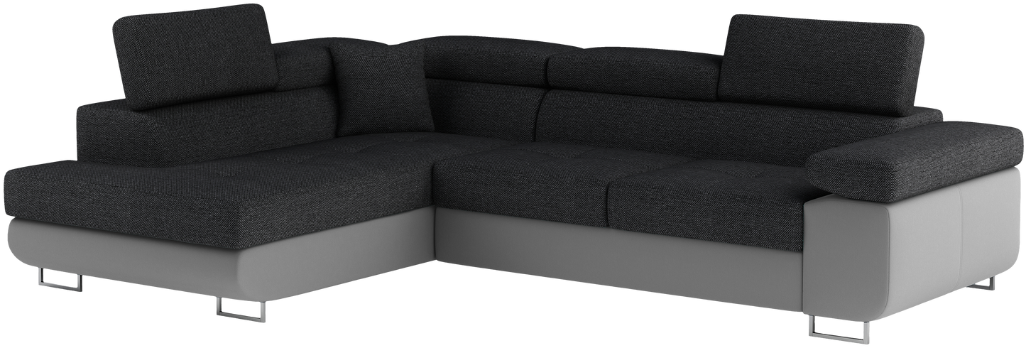 Narożnik Anton w kolorze Inari 96 ciemnoszary / Soft 29 szary, układ lewy – widok z przodu pod kątem.