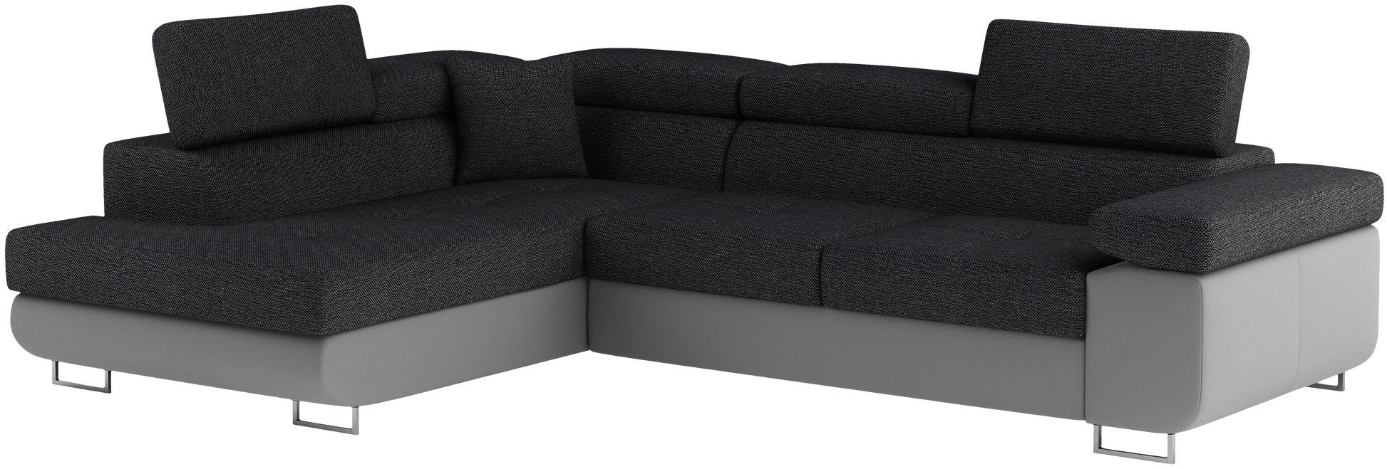 Narożnik Anton w kolorze Inari 96 ciemnoszary / Soft 29 szary, układ lewy – widok z przodu pod kątem.