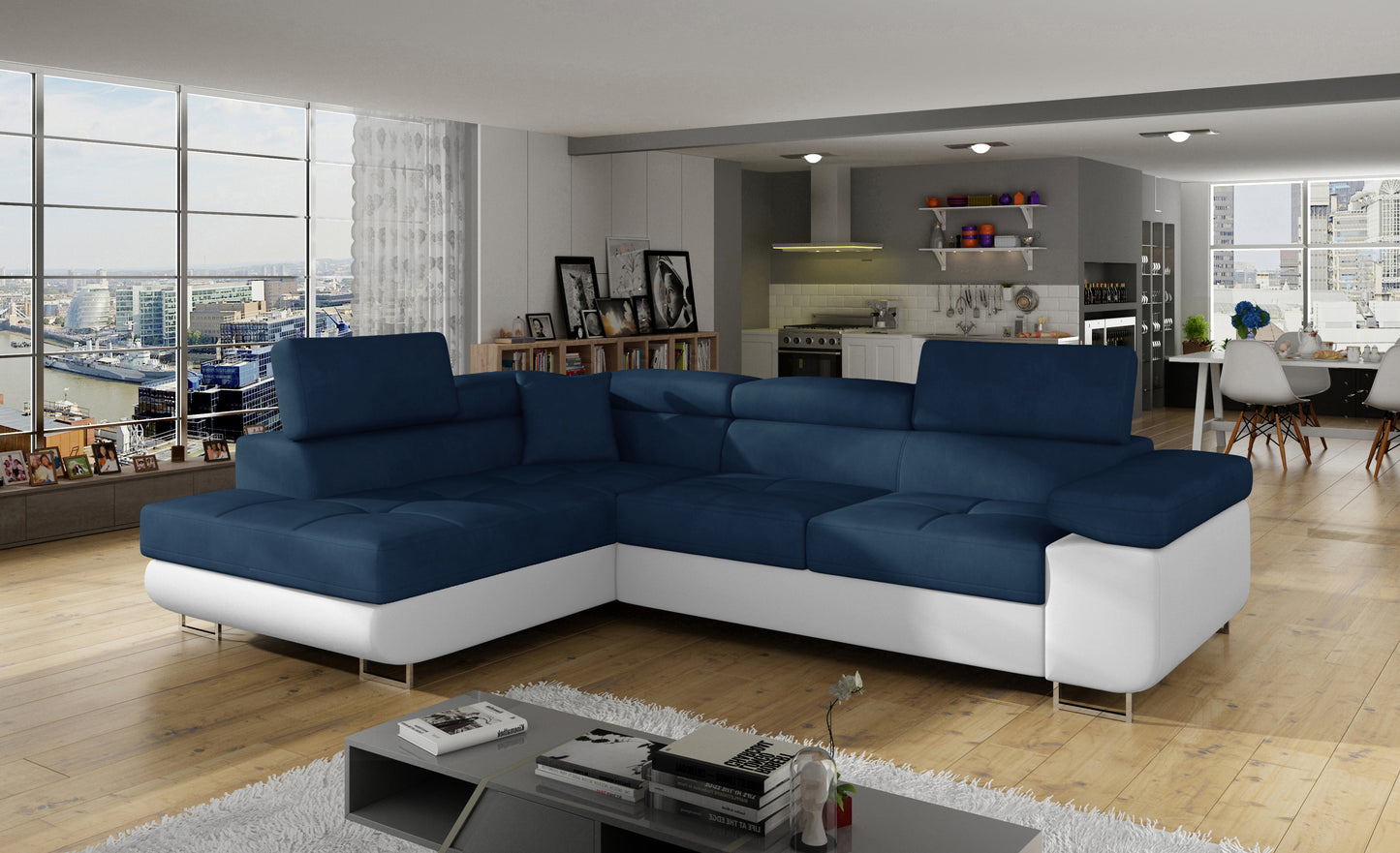 Narożnik Anton Kronos 09 granatowy / Soft 17 biały w aranżacji nowoczesnego salonu.