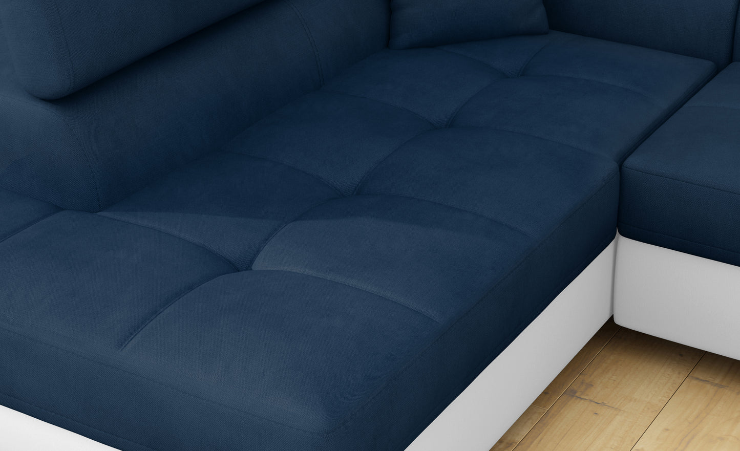 Zbliżenie na siedzisko narożnika Anton w kolorze Kronos 09 granatowy / Soft 17 biały.