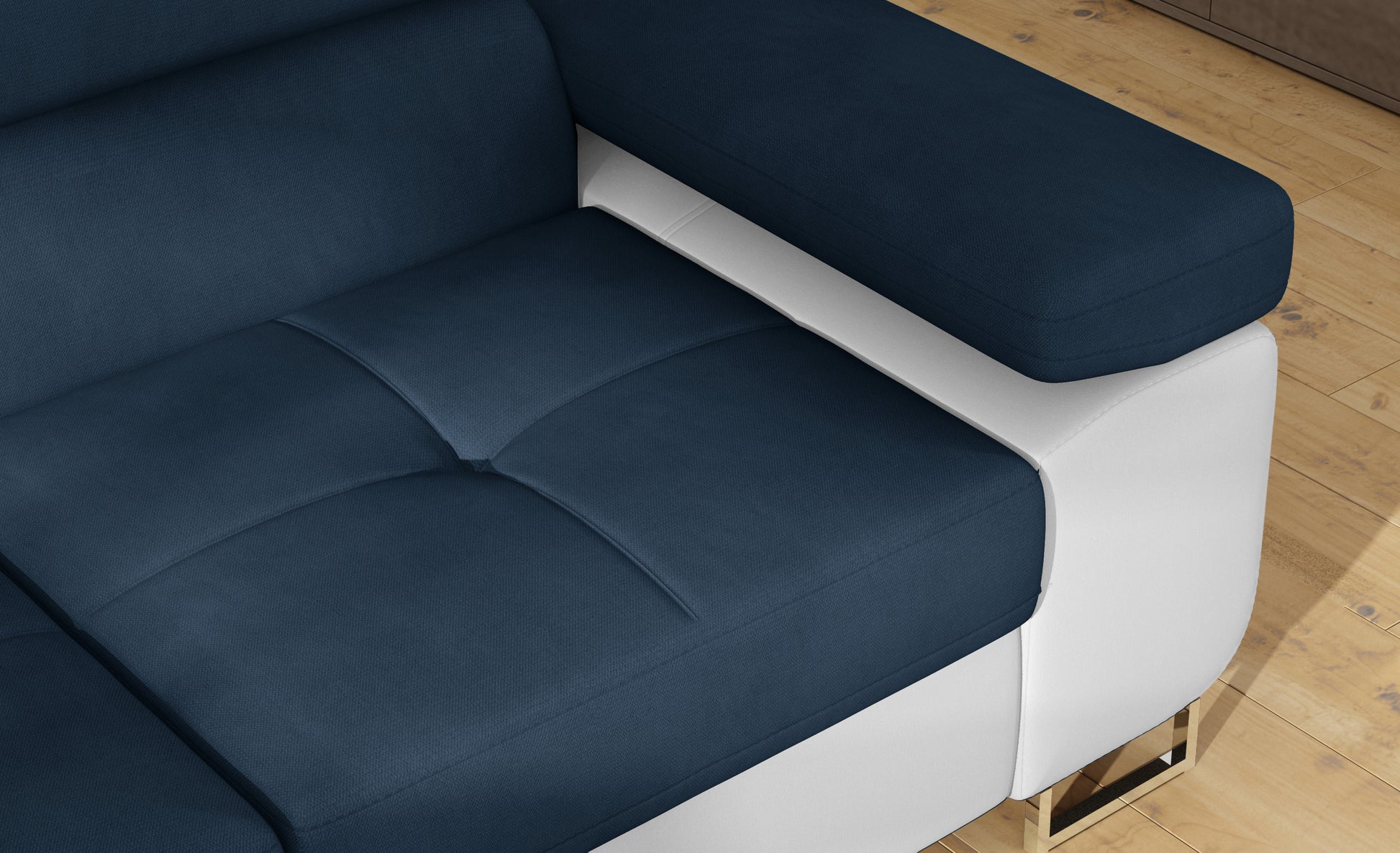 Podłokietnik narożnika Anton w kolorze Kronos 09 granatowy / Soft 17 biały – widok z góry.