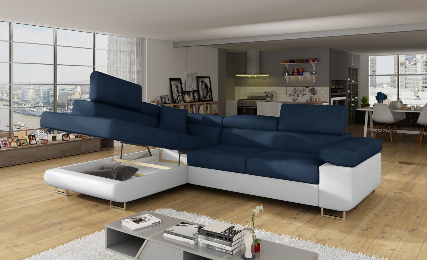 Narożnik Anton Kronos 09 granatowy / Soft 17 biały z otwartym pojemnikiem na pościel.