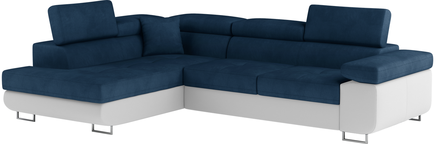 Narożnik Anton w kolorze Kronos 09 granatowy / Soft 17 biały, układ lewy – widok z przodu pod kątem.