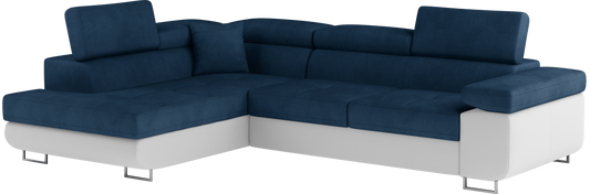 Narożnik Anton w kolorze Kronos 09 granatowy / Soft 17 biały, układ lewy – widok z przodu pod kątem.